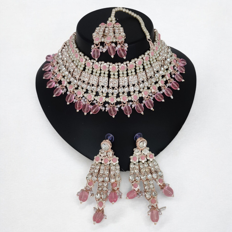 Opulent Glam Suns0004 Baby Pink Kundan Choker Necklace Earring Jewellery Set For Marriage