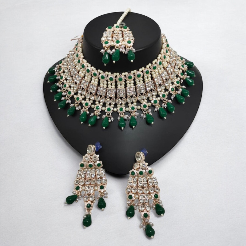 Grand Glam Suns0004 Green Kundan Choker Necklace Earring Jewellery Set For Marriage