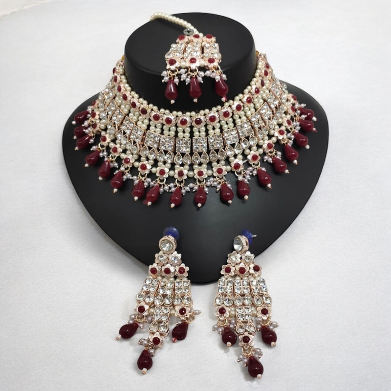 SUNS0004 MAROON Kundan Choker Necklace Earring Jewellery set for Marriage