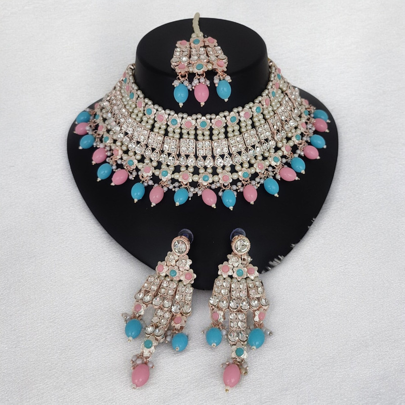 Radiant Glam Suns0004 Pink Blue Kundan Choker Necklace Earring Jewellery Set For Marriage