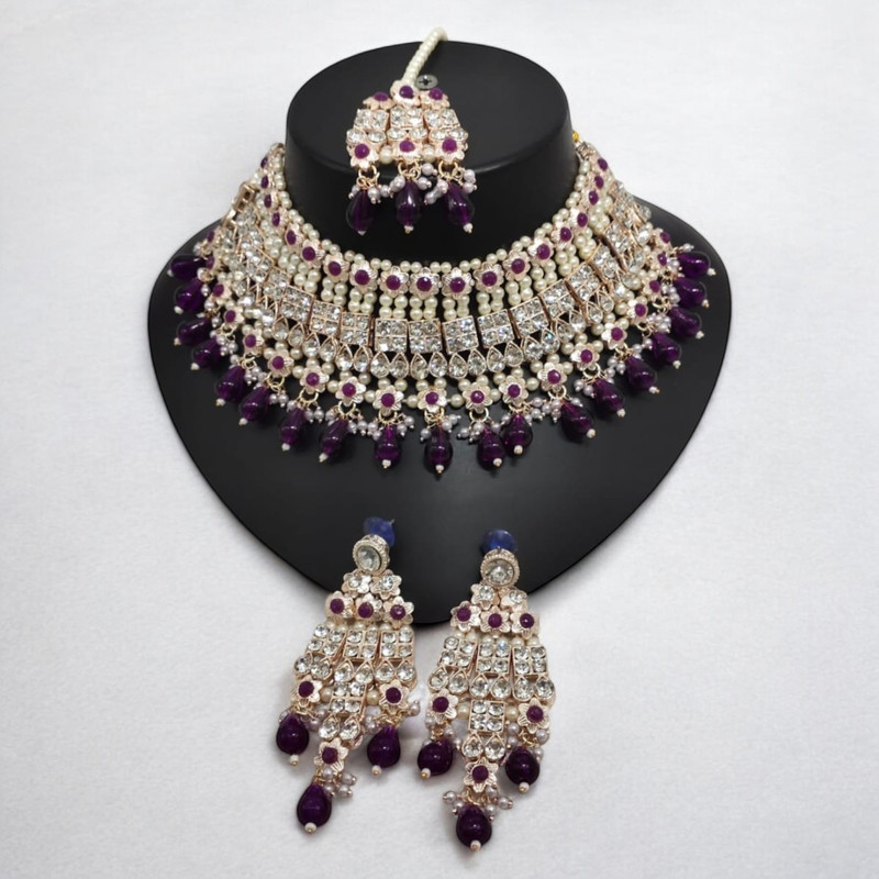 SUNS0004 PURPLE Kundan Choker Necklace Earring Jewellery set for Marriage