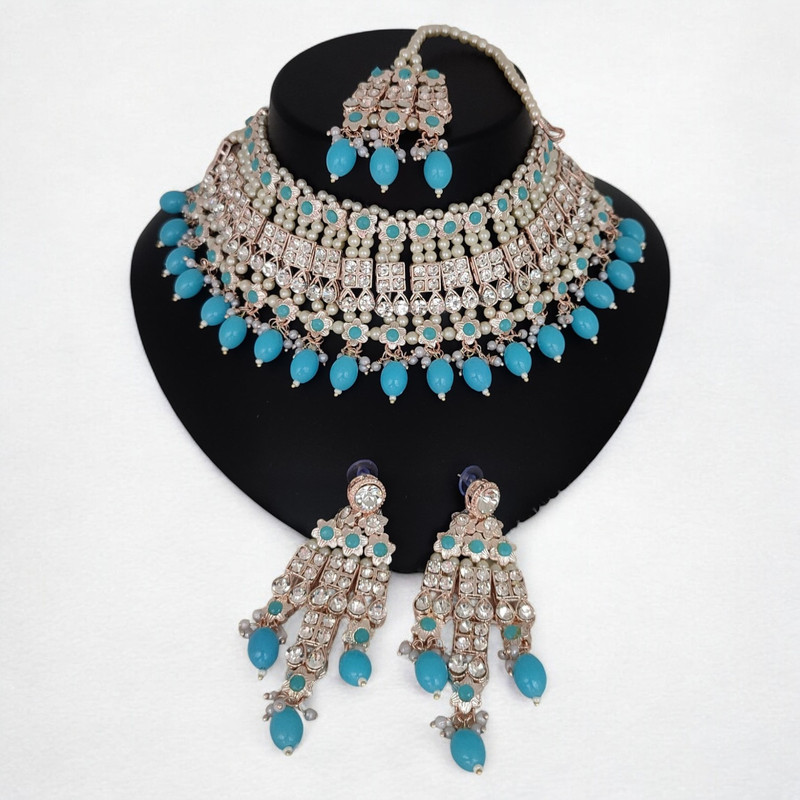 Alluring Glam Suns0004 Sky Blue Kundan Choker Necklace Earring Jewellery Set For Marriage