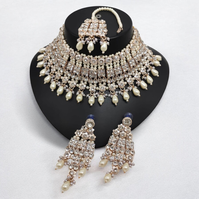 Enchanting Glam Suns0004 White Kundan Choker Necklace Earring Jewellery Set For Marriage
