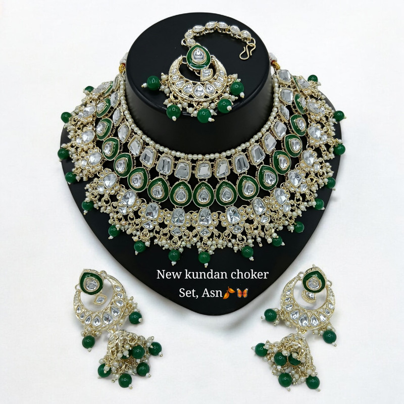 Splendid Glam Suns0005 Green Kundan Choker Necklace Earring Jewellery Set For Marriage