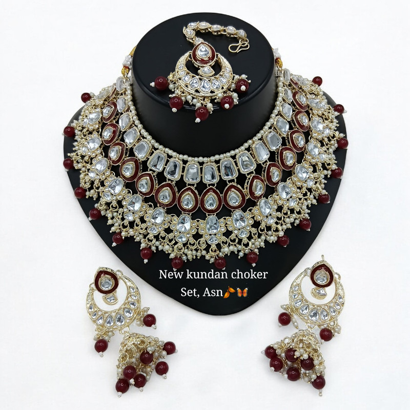 Mesmerizing Glam Suns0005 Maroon Kundan Choker Necklace Earring Jewellery Set For Marriage