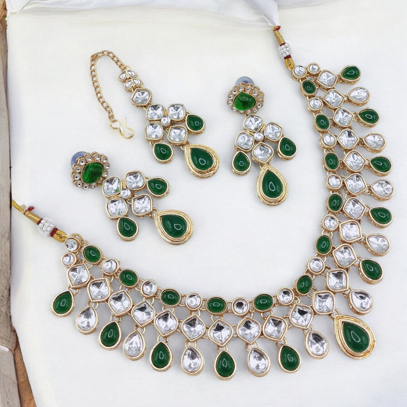 Ethereal Glam Suns0007 Green Kundan Choker Necklace Earring Jewellery Set For Marriage