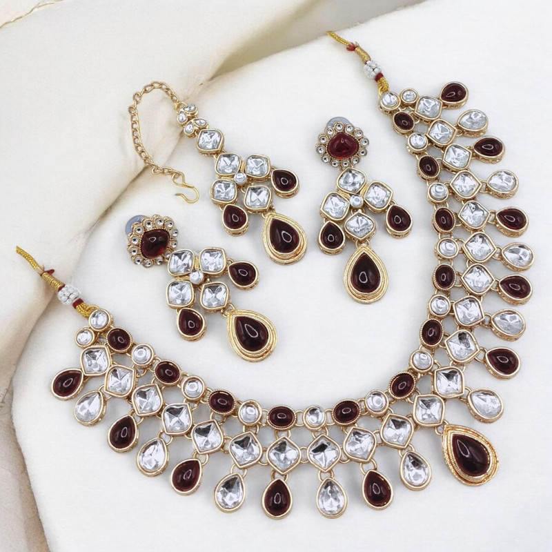 Flawless Glam Suns0007 Maroon Kundan Choker Necklace Earring Jewellery Set For Marriage