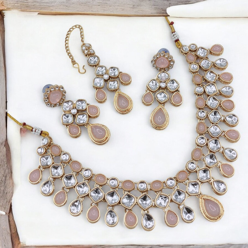 Pristine Glam Suns0007 Peach Kundan Choker Necklace Earring Jewellery Set For Marriage