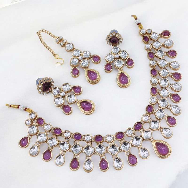 Ornate Glam Suns0007 Purple Kundan Choker Necklace Earring Jewellery Set For Marriage