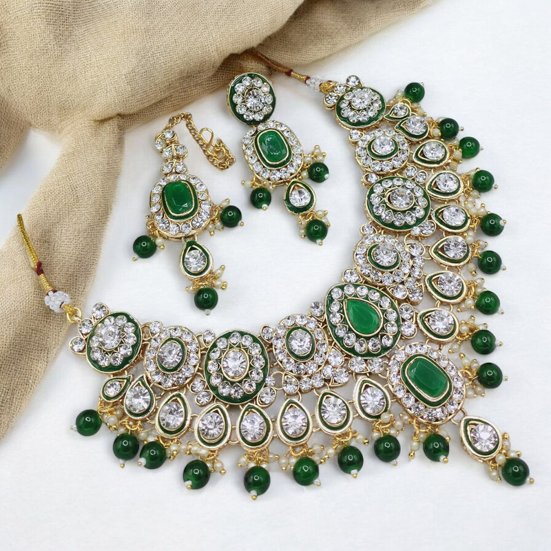 Lustrous Glam Suns0008 Green Kundan Choker Necklace Earring Jewellery Set For Marriage