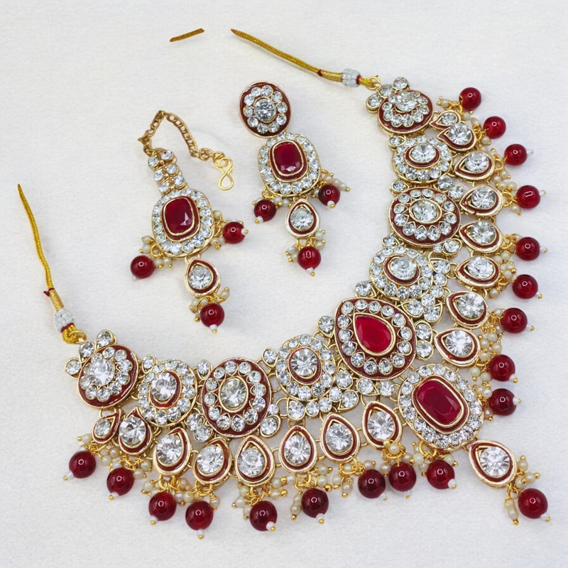 Vibrant Glam Suns0008 Red Kundan Choker Necklace Earring Jewellery Set For Marriage
