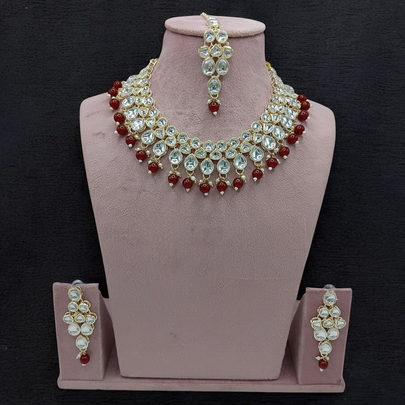 [SUNS0009 MAROON] Chic Luxe Suns0009 Maroon Kundan Choker Necklace Earring Jewellery Set For Marriage