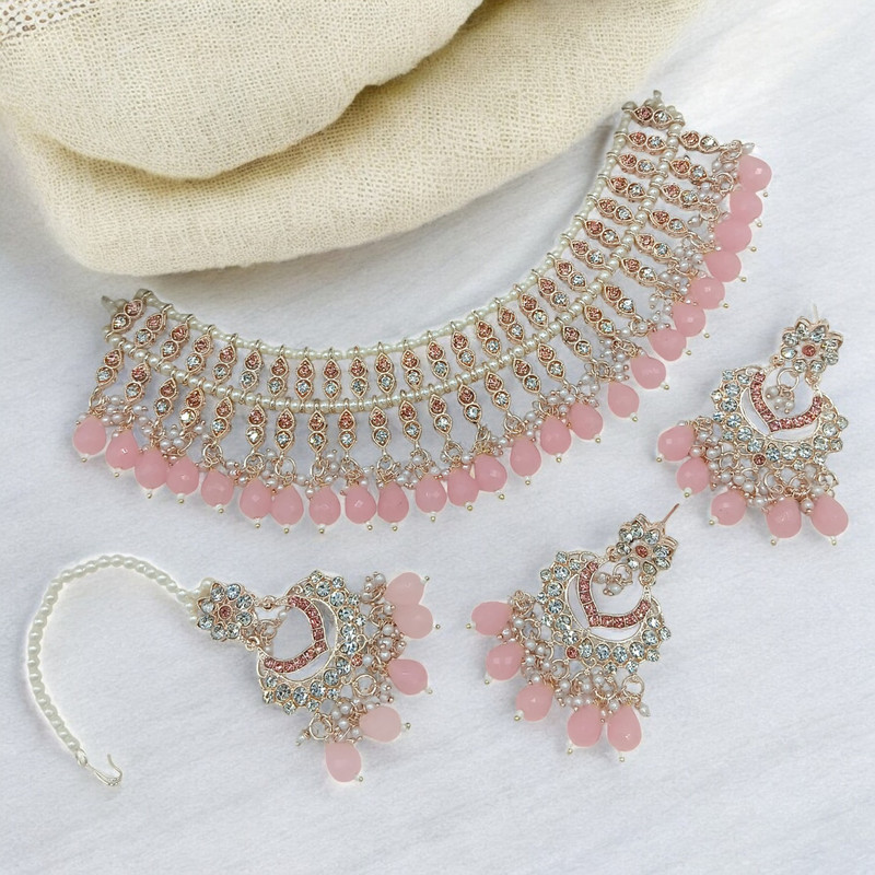 Vintage Luxe Suns0010 Baby Pink Kundan Choker Necklace Earring Jewellery Set For Marriage