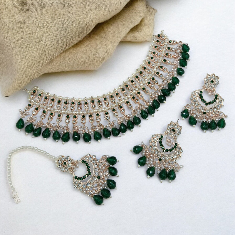 Trendy Luxe Suns0010 Green Kundan Choker Necklace Earring Jewellery Set For Marriage