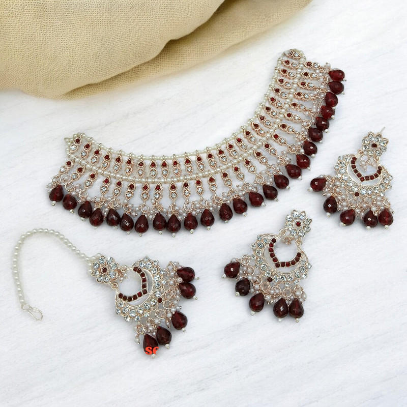 Shandaar Luxe Suns0010 Maroon Kundan Choker Necklace Earring Jewellery Set For Marriage