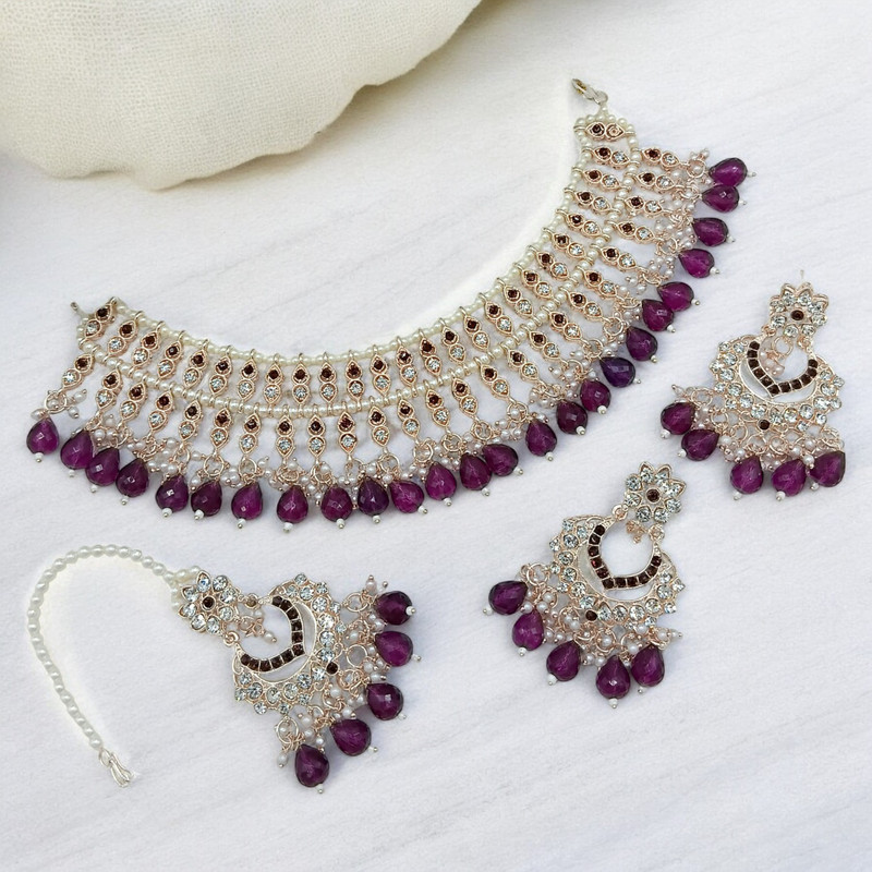 Exquisite Luxe Suns0010 Purple Kundan Choker Necklace Earring Jewellery Set For Marriage