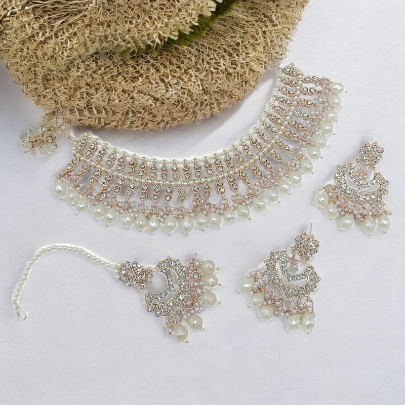 Gorgeous Luxe Suns0010 White Kundan Choker Necklace Earring Jewellery Set For Marriage