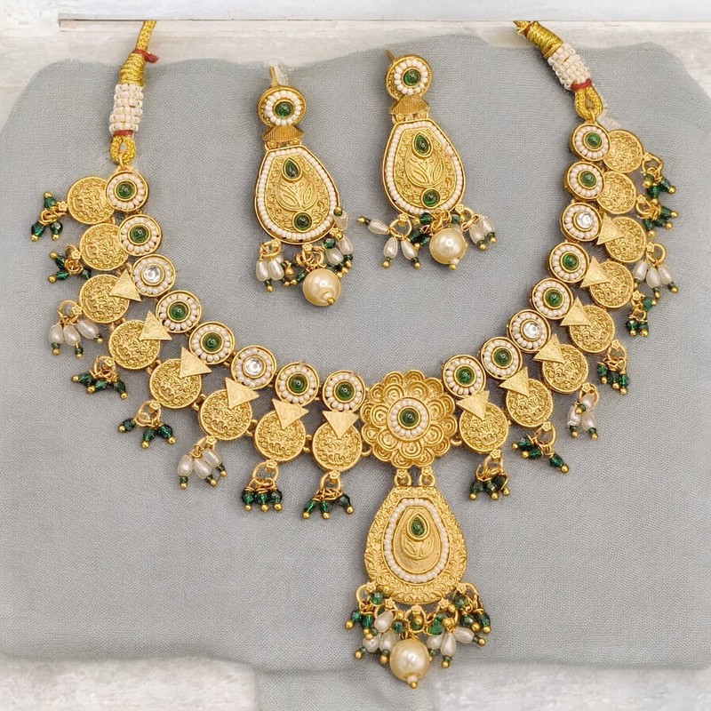 Premium Luxe Suns0016 Green Copper Necklace & Earrings Jewellery Set For Women