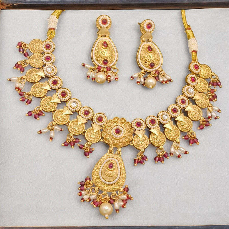 SUNS0016 RED Copper Necklace & Earrings Jewellery set for Women
