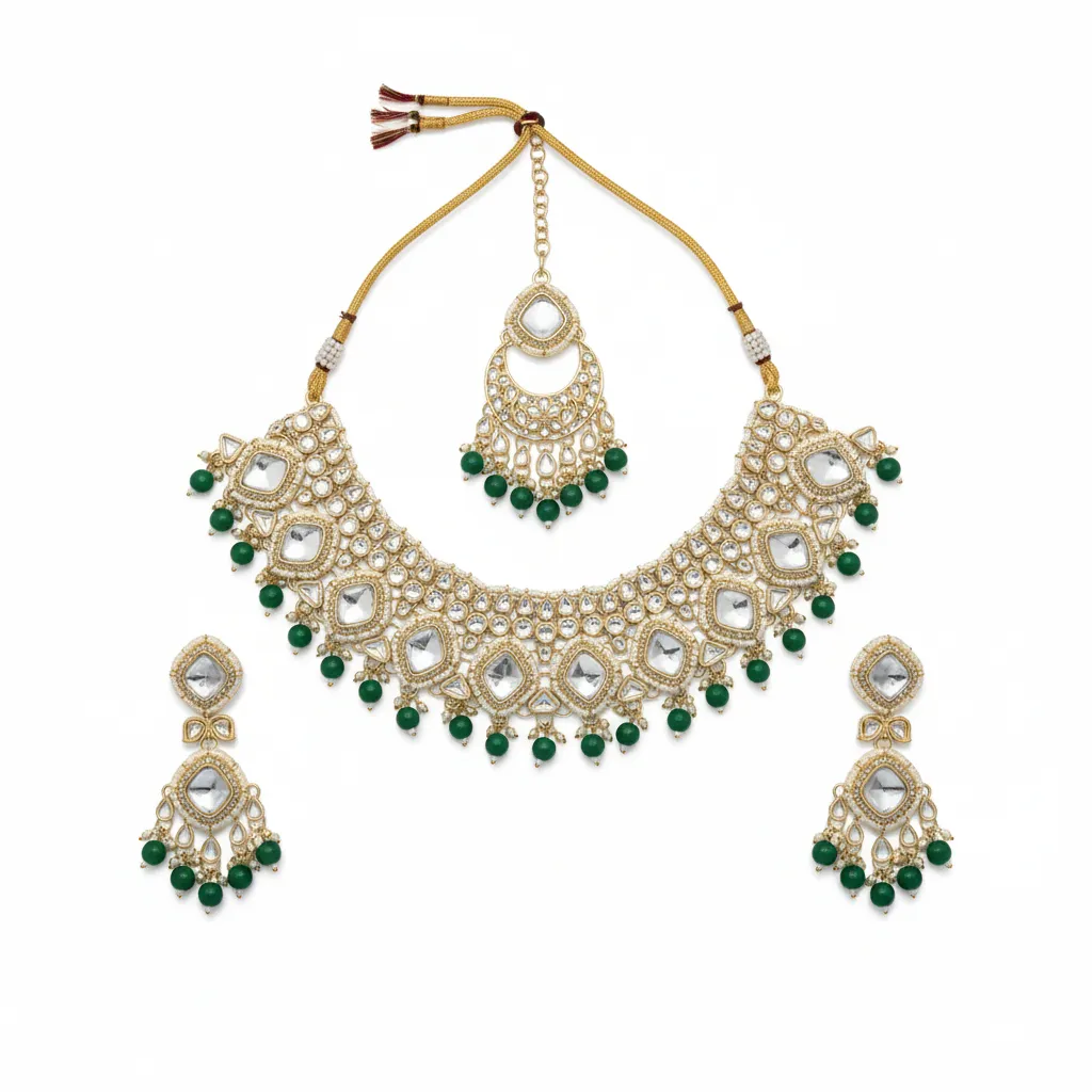 Luxury Luxe Suns0017 Green Kundan Choker Necklace Earring Jewellery Set For Marriage