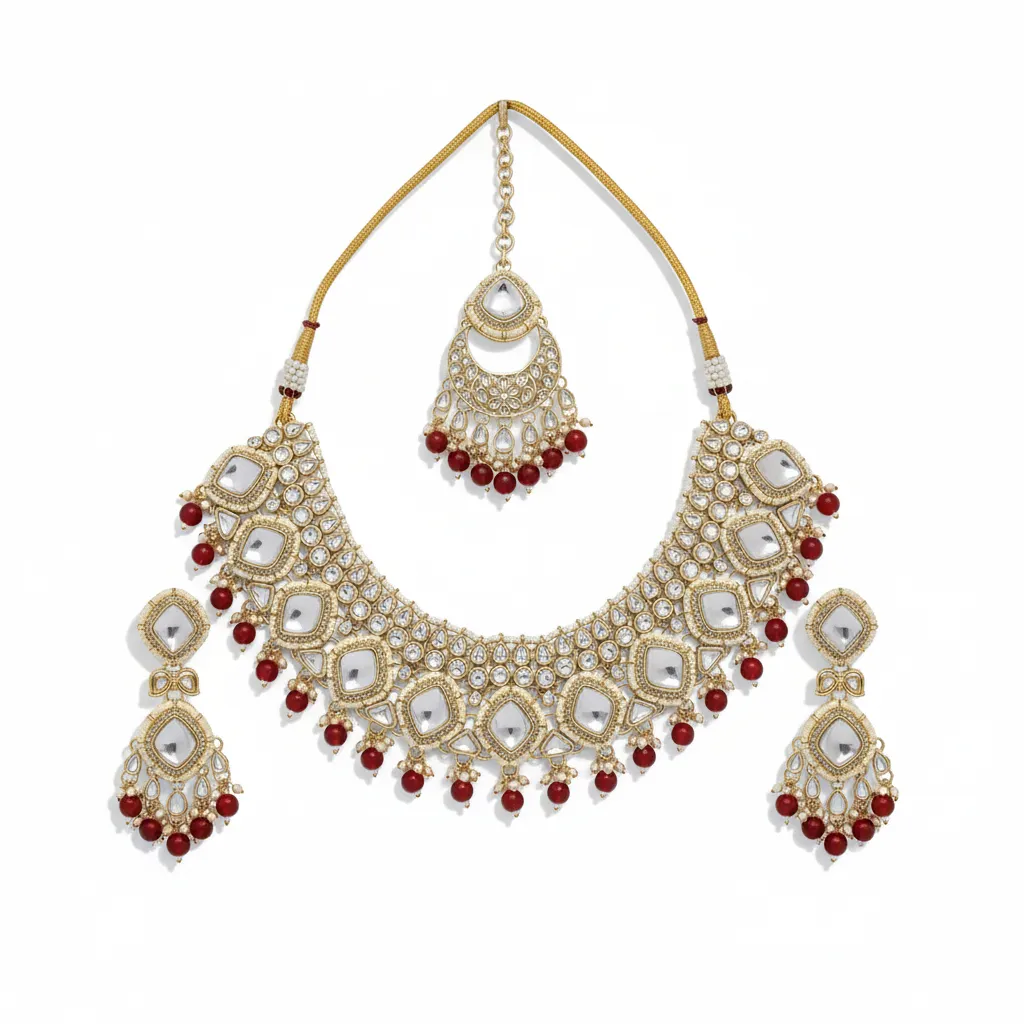 Authentic Luxe Suns0017 Maroon Kundan Choker Necklace Earring Jewellery Set For Marriage