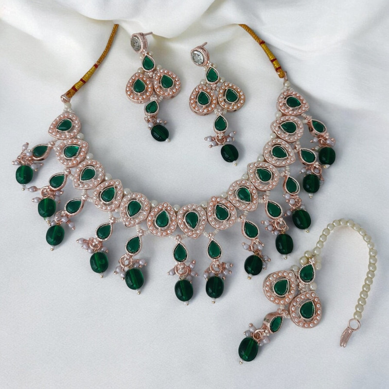 SUNS001 GREEN Kundan Choker Necklace Earring Jewellery set for Marriage