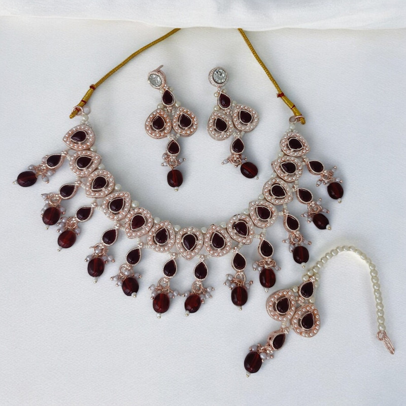 Royal Luxe Suns001 Maroon Kundan Choker Necklace Earring Jewellery Set For Marriage
