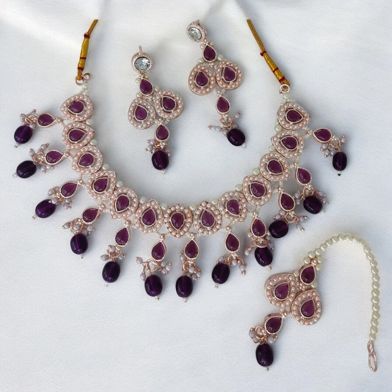 SUNS001 PURPLE Kundan Choker Necklace Earring Jewellery set for Marriage