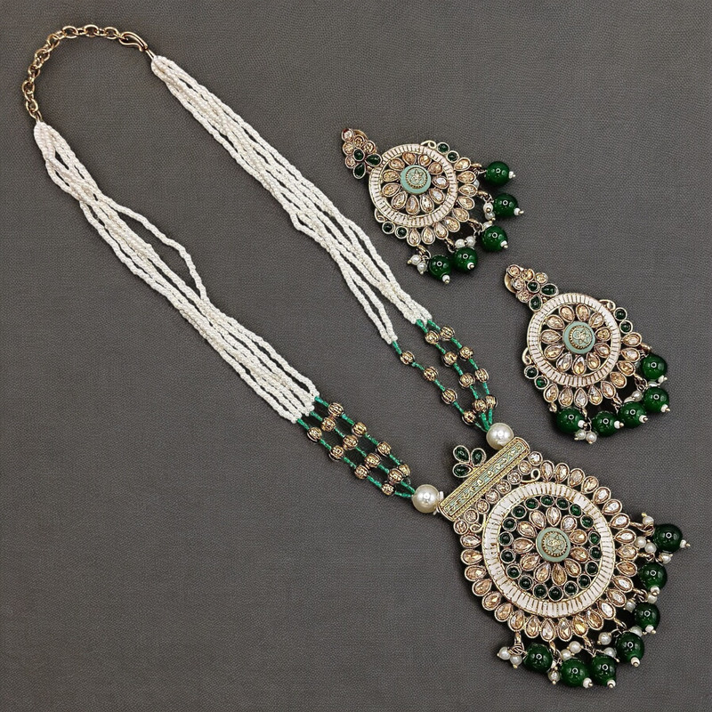 Dazzling Luxe Suns0020 Green Kundan Choker Necklace Earring Jewellery Set For Marriage
