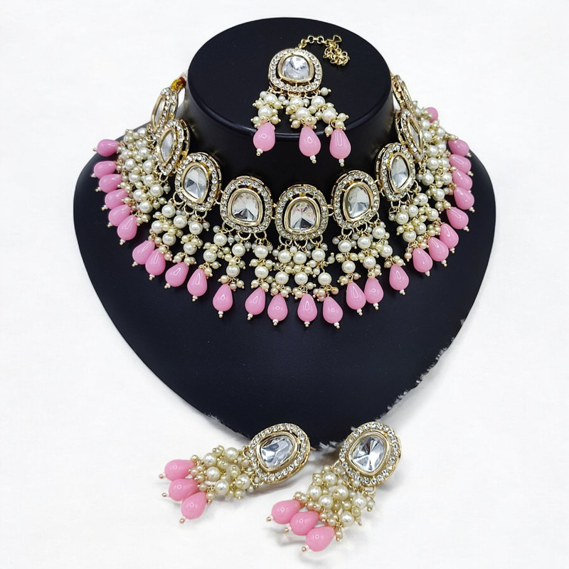 Ethereal Luxe Suns0025 Baby Pink Kundan Choker Necklace Earring Jewellery Set For Marriage