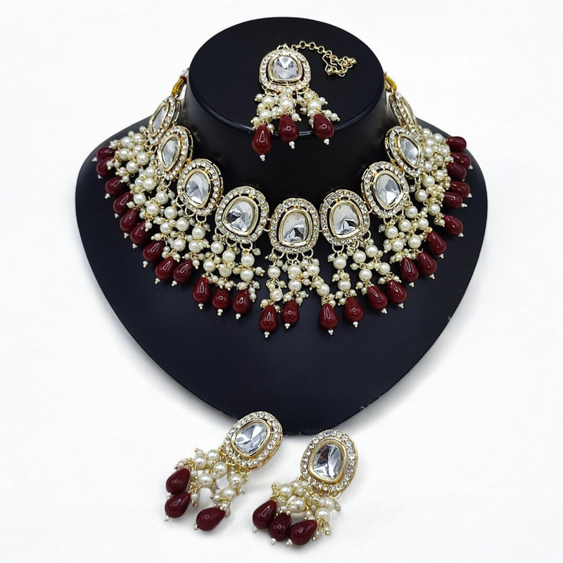 Pristine Luxe Suns0025 Maroon Kundan Choker Necklace Earring Jewellery Set For Marriage