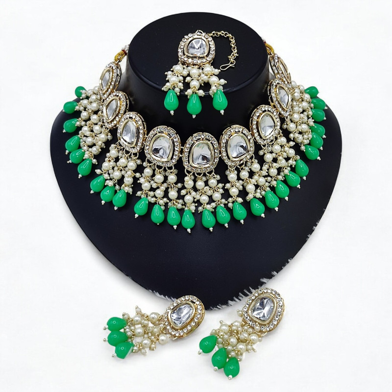 Ornate Luxe Suns0025 Mint Green Kundan Choker Necklace Earring Jewellery Set For Marriage