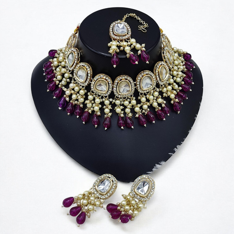 Resplendent Luxe Suns0025 Purple Kundan Choker Necklace Earring Jewellery Set For Marriage