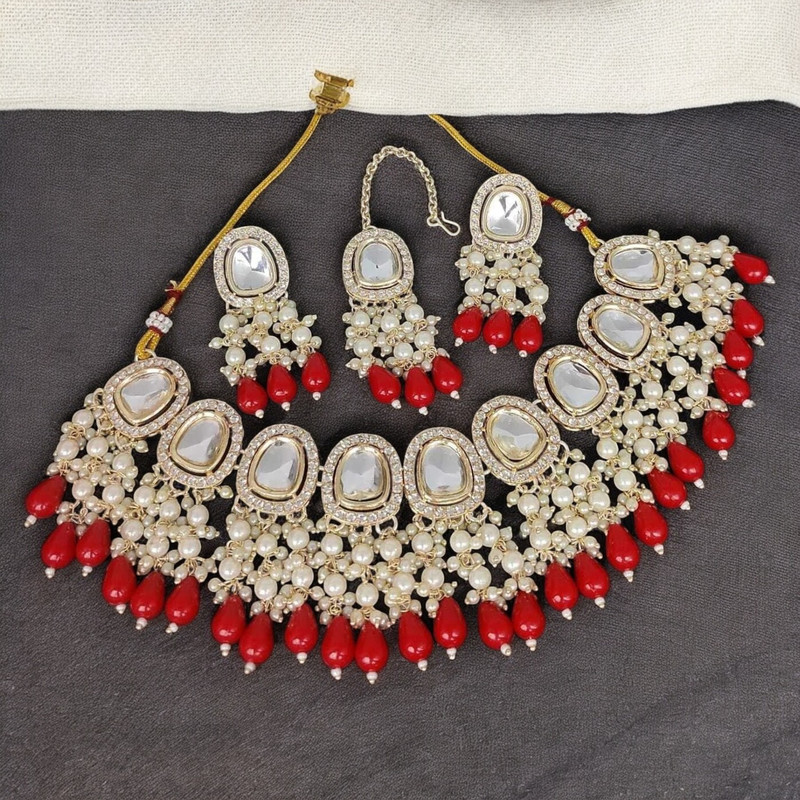 Lustrous Luxe Suns0025 Red Kundan Choker Necklace Earring Jewellery Set For Marriage