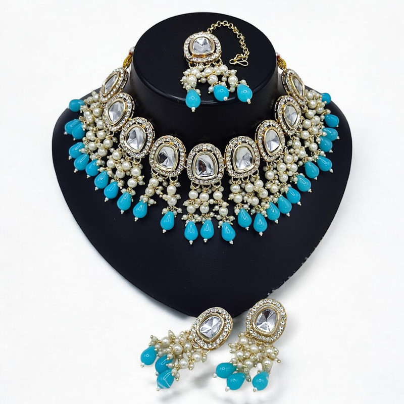 Vibrant Luxe Suns0025 Sky Blue Kundan Choker Necklace Earring Jewellery Set For Marriage