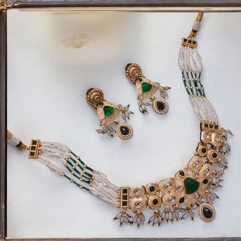 Traditional Elite Suns0029 Green Copper Necklace & Earrings Jewellery Set For Women