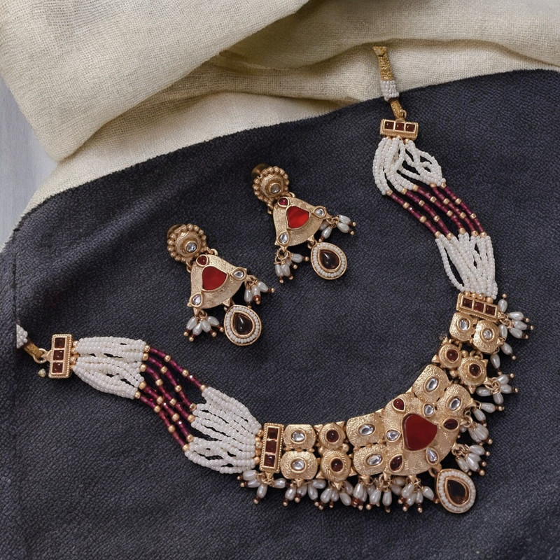 SUNS0029 MAROON Copper Necklace & Earrings Jewellery set for Women