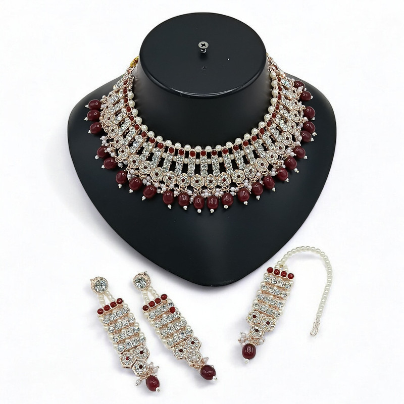 Majestic Luxe Suns002 Maroon Kundan Choker Necklace Earring Jewellery Set For Marriage