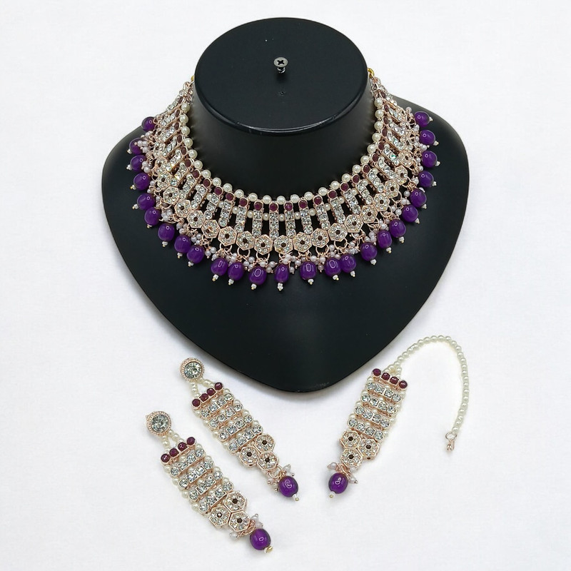 Opulent Luxe Suns002 Purple Kundan Choker Necklace Earring Jewellery Set For Marriage