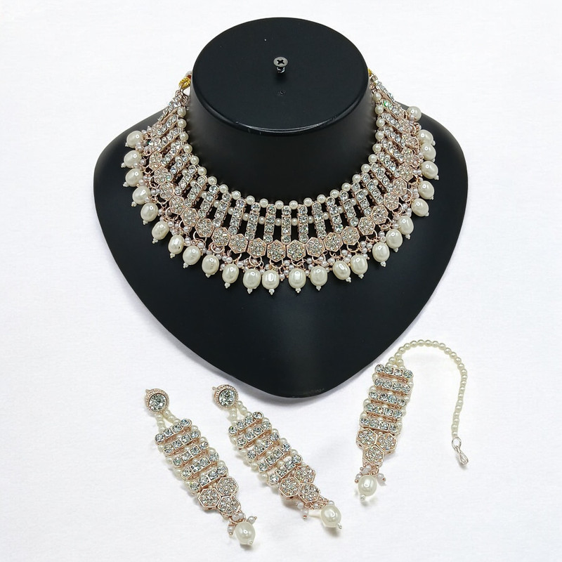 Grand Luxe Suns002 White Kundan Choker Necklace Earring Jewellery Set For Marriage