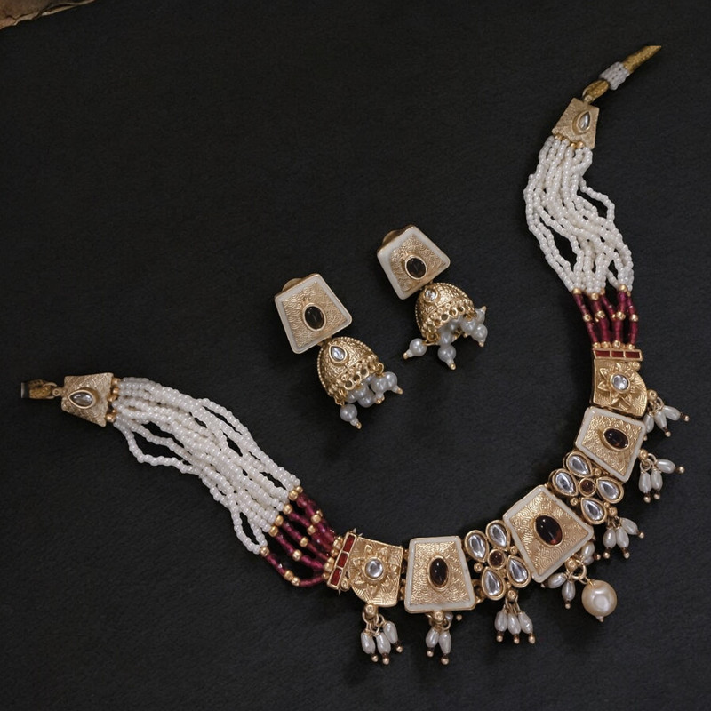 Royal Elite Suns0030 Maroon Copper Necklace & Earrings Jewellery Set For Women