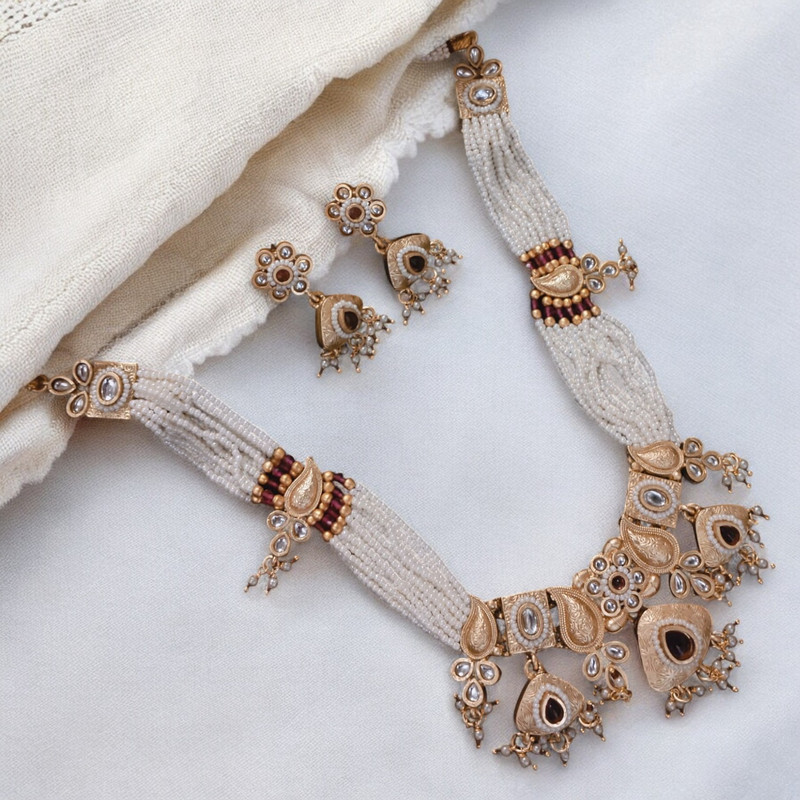 SUNS0031 MAROON GREEN Copper Necklace & Earrings Jewellery set for Women