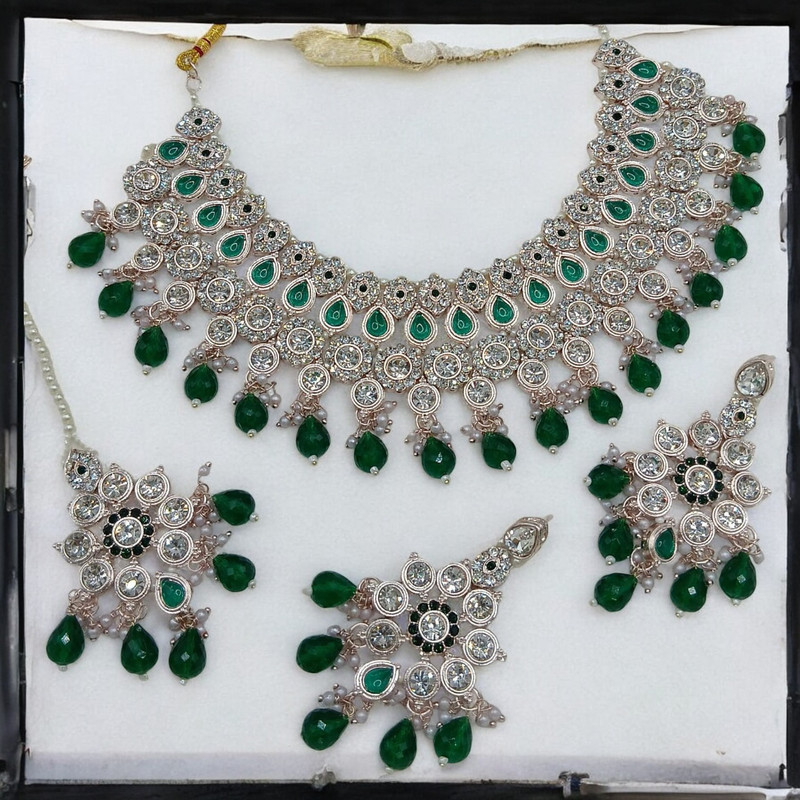 SUNS0032 GREEN Kundan Choker Necklace Earring Jewellery set for Marriage