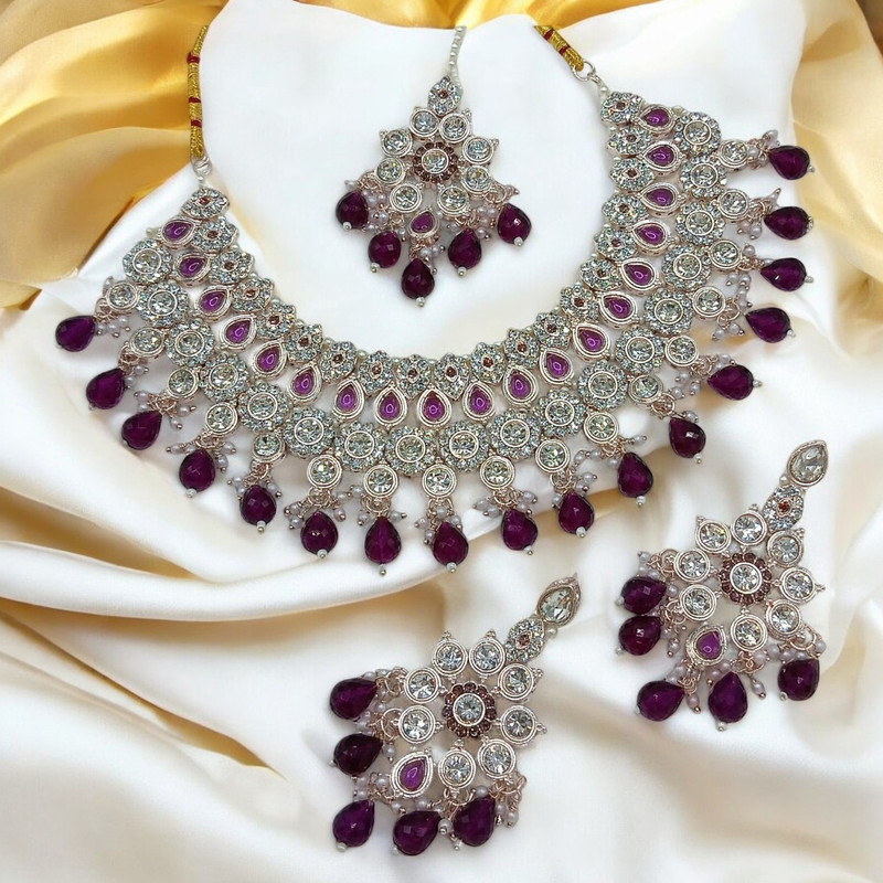 Beautiful Elite Suns0032 Purple Kundan Choker Necklace Earring Jewellery Set For Marriage