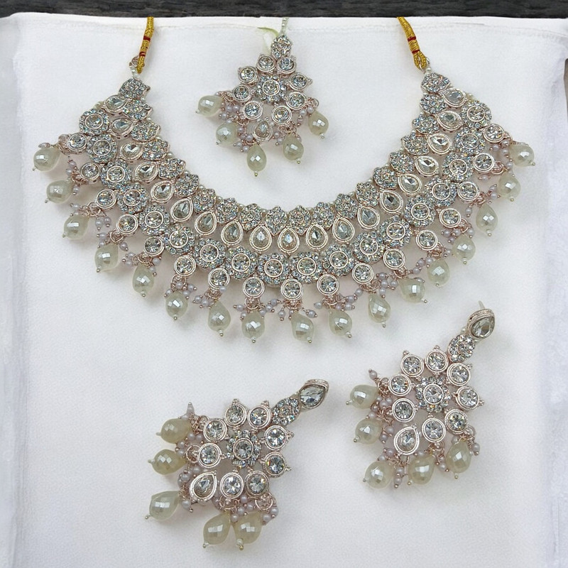 Stunning Elite Suns0032 White Kundan Choker Necklace Earring Jewellery Set For Marriage