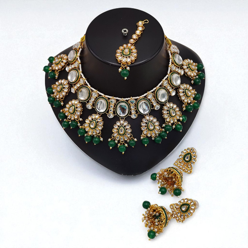 Premium Elite Suns0033 Green Kundan Choker Necklace Earring Jewellery Set For Marriage