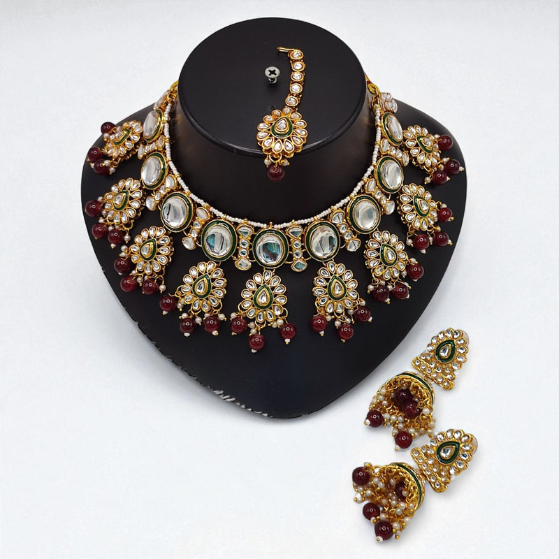 Luxury Elite Suns0033 Maroon Green Kundan Choker Necklace Earring Jewellery Set For Marriage