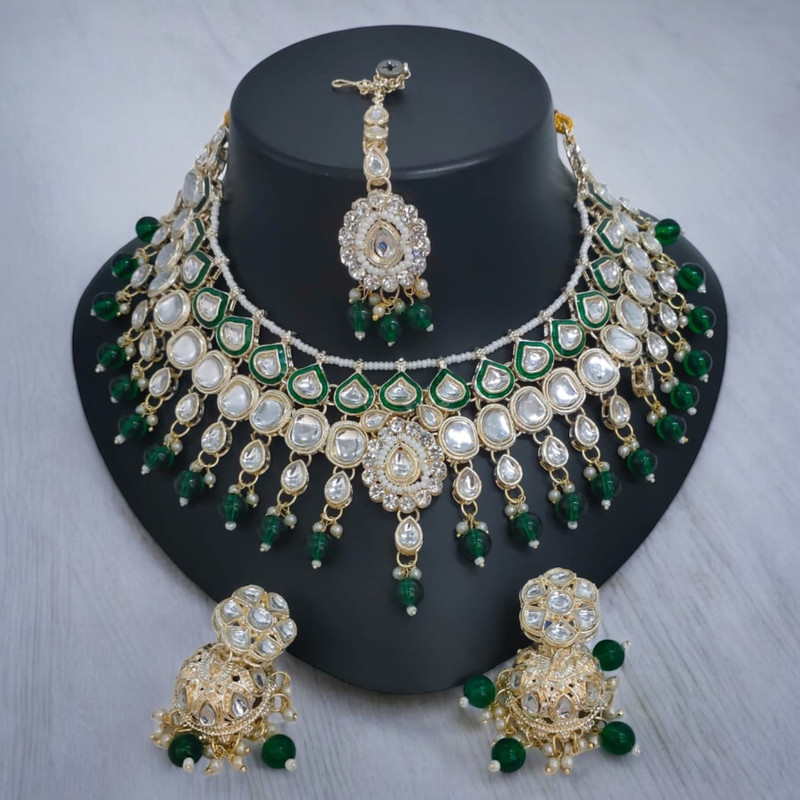 SUNS0034 GREEN Kundan Choker Necklace Earring Jewellery set for Marriage