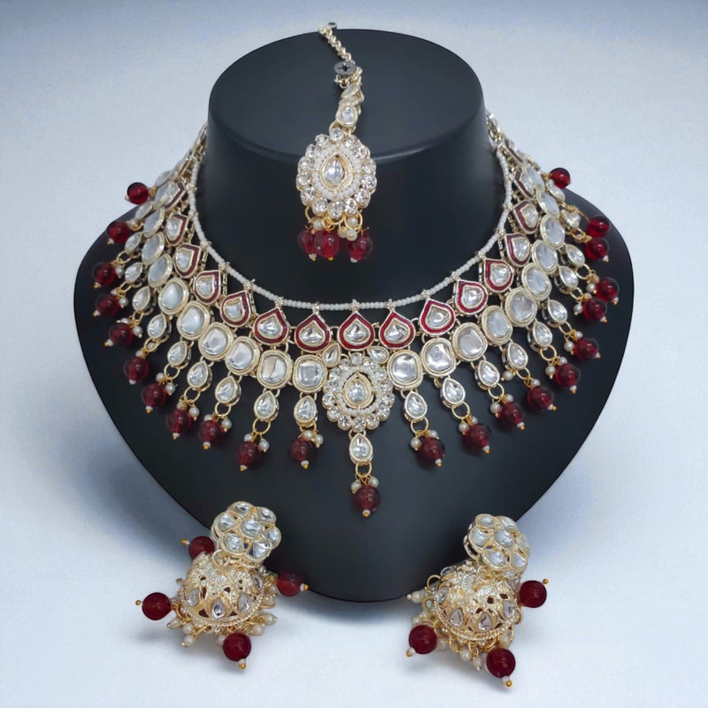 Divine Elite Suns0034 Maroon Kundan Choker Necklace Earring Jewellery Set For Marriage