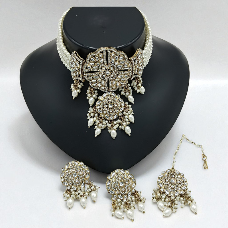 Opulent Elite Suns0035 White Kundan Choker Necklace Earring Jewellery Set For Marriage